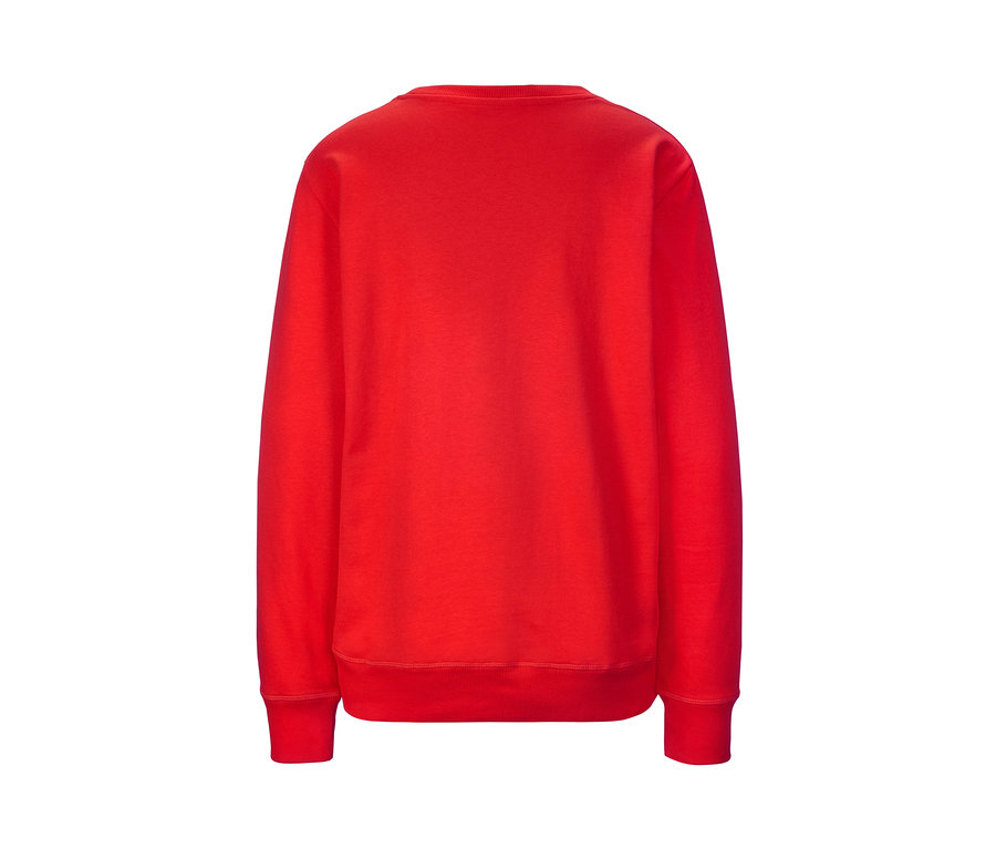Detailansicht eines roten Sweatshirts mit Wording.