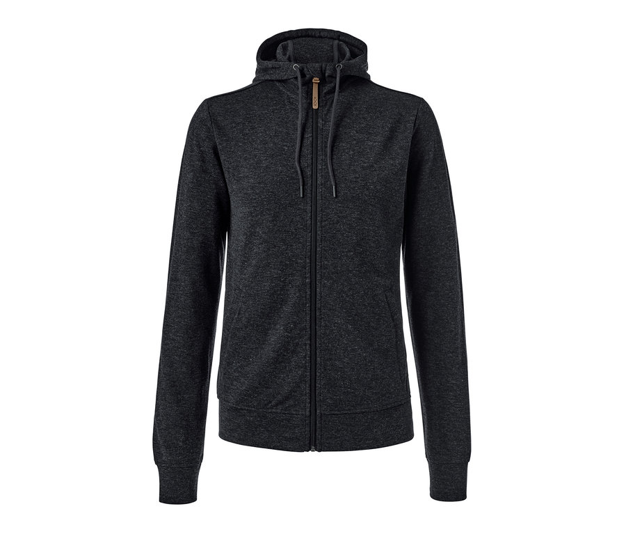 Dunkelgraue Funktionsjacke mit Merinowolle, Reißverschluss und Kapuze.