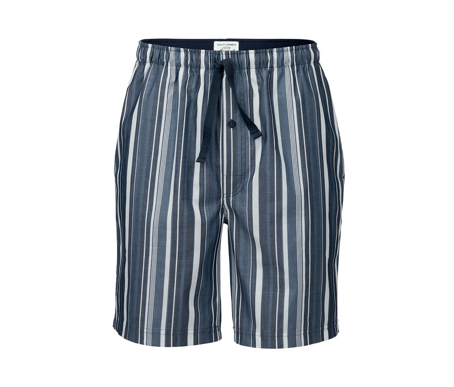 Blau-weiß gestreifte Web-Schlafshorts.