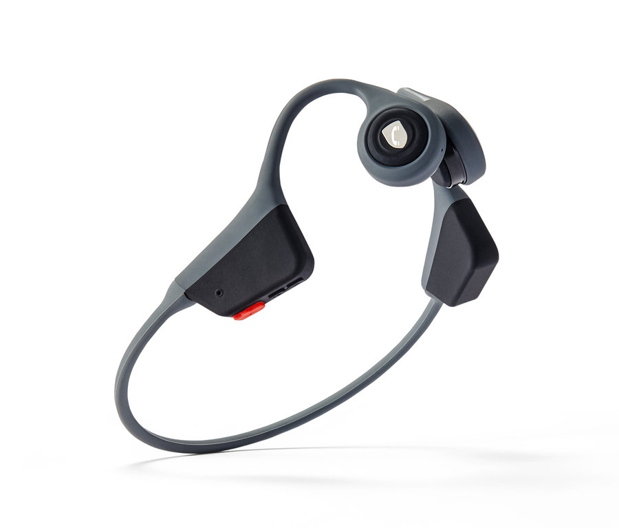 Graue Bluetooth®-Kopfhörer mit Knochenleitung auf weißem Hintergrund.