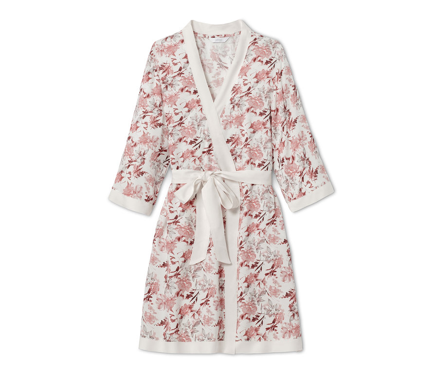 Weißer Kimono-Morgenmantel mit Blumenmuster.