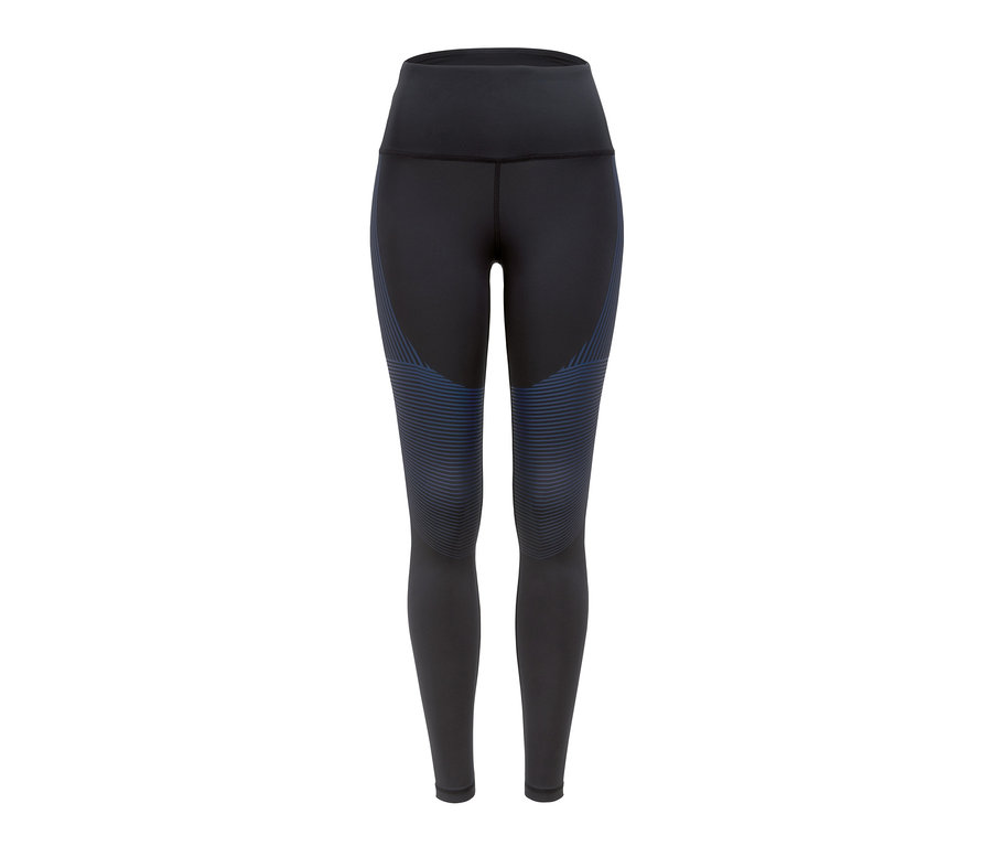Schwarze Power-Lauftight mit blauen Streifen an den Oberschenkeln.