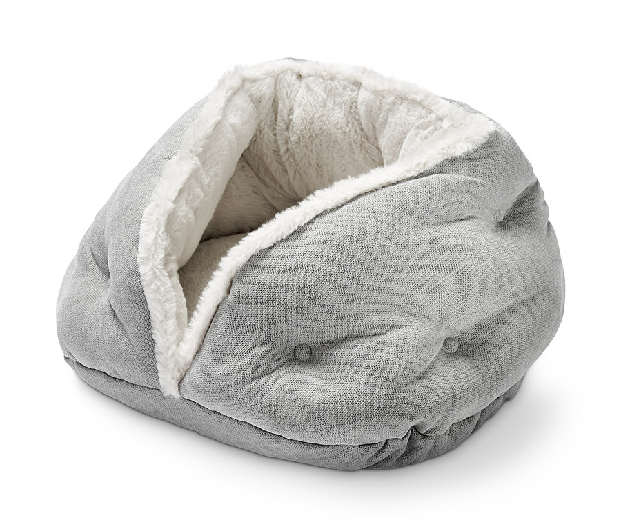 Graue Katzenkuschelhöhle mit Plüschfutter.