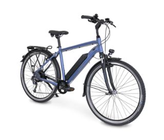 Detailansicht des blauen HAWK Bikes E-Bike Herren "e-Trekking Gent BAFANG" mit 28-Zoll-Rädern und 50-cm-Rahmen.