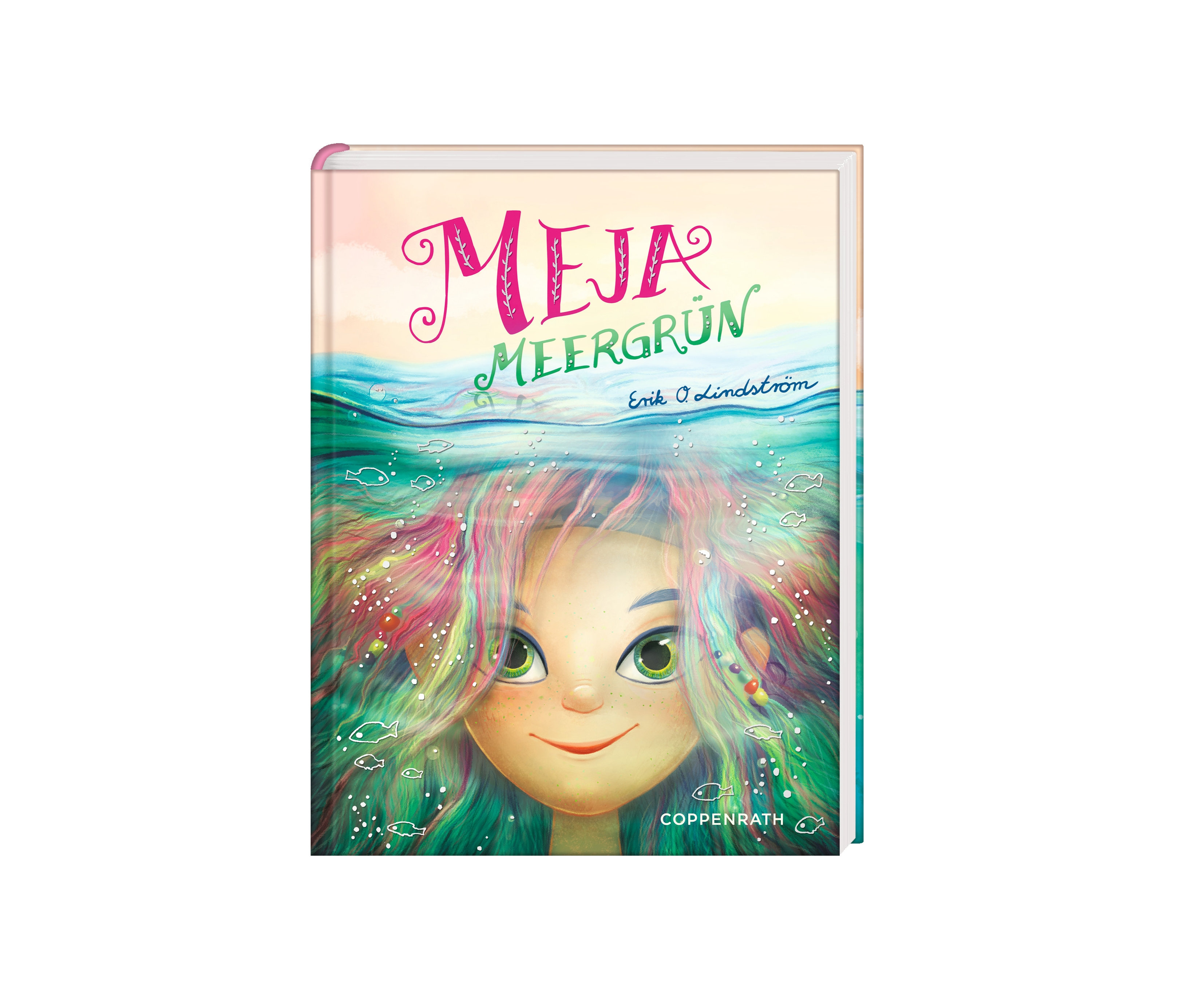 Illustriertes Cover des Buchs "Meja Meergrün, Band 1" zeigt ein Porträt eines lächelnden Mädchens mit bunten Haaren unter Wasser.