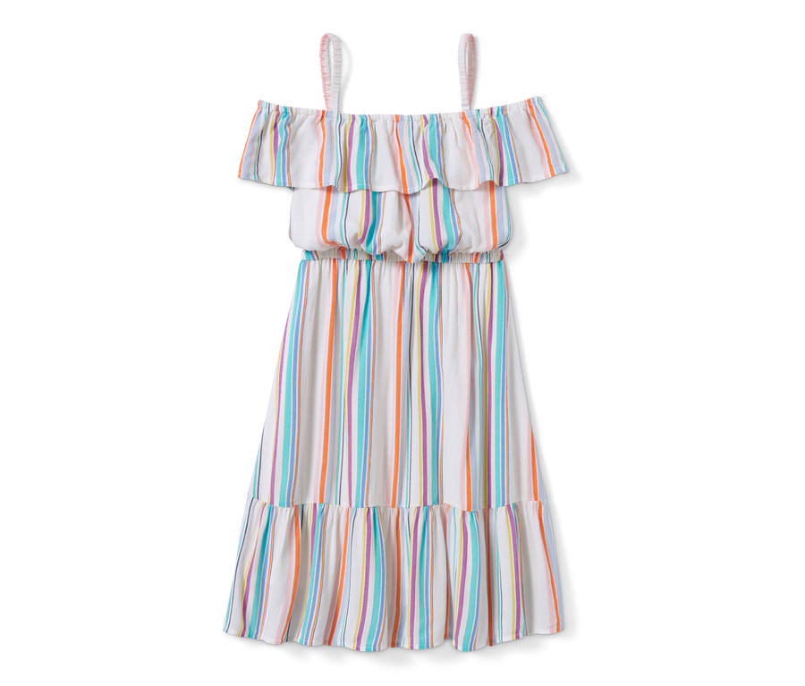 Weisses Webkleid aus Viskose mit bunten Streifen und Rüschen.