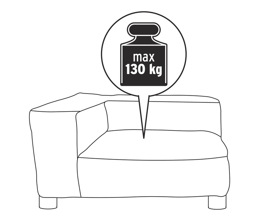 Eine Skizze des SCAPA Modul-Sofas »Berlin«, Eckelement links, mit maximaler Belastbarkeit von 130 kg.