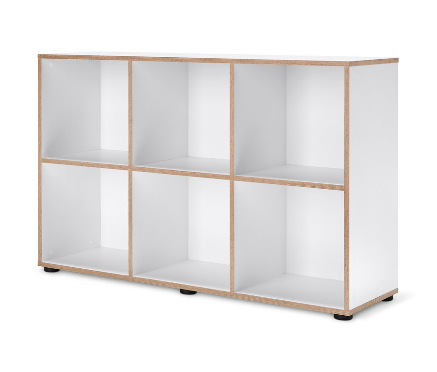 Weißes Regal mit sechs Fächern und Furnierkanten.