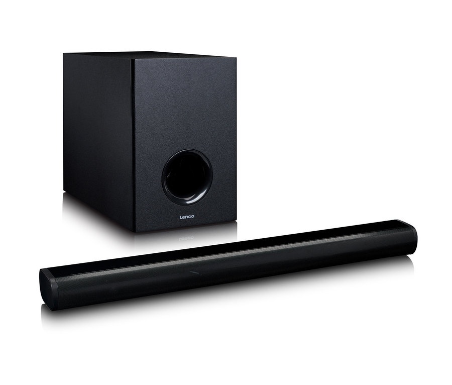 Schwarze Lenco Soundbar mit Subwoofer.