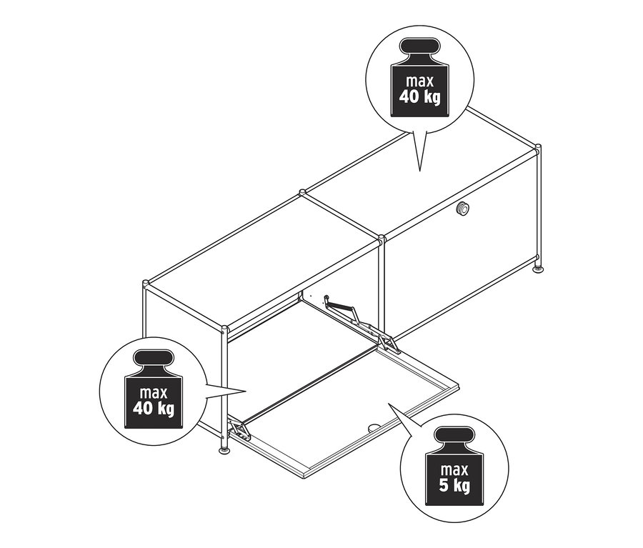 Skizze eines Metall-Lowboards mit 2 Klappenfächern, mit einer maximalen Tragfähigkeit von 40 kg auf der Oberseite und 5 kg auf den Klappen.