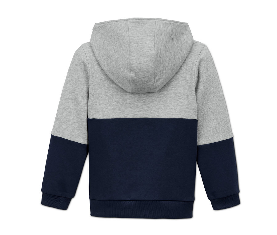 Rückansicht eines Hoodies, der oben grau und unten marineblau ist.
