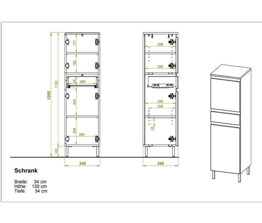 Diagramme des Schranks Torrance mit Abmessungen.