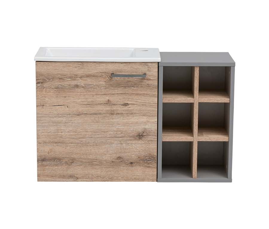 Gästebad-Set »Pablo« mit Holzfarbenem Schrank und grauem Regal.