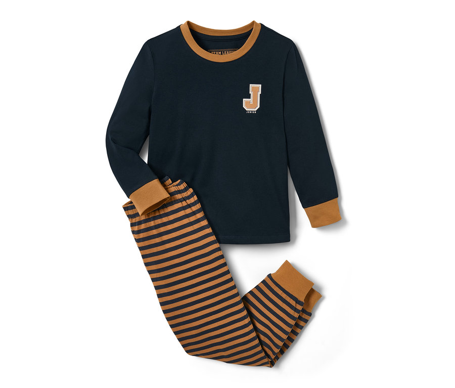 Blau-brauner Pyjama mit langärmligem Oberteil und gestreifter Hose.