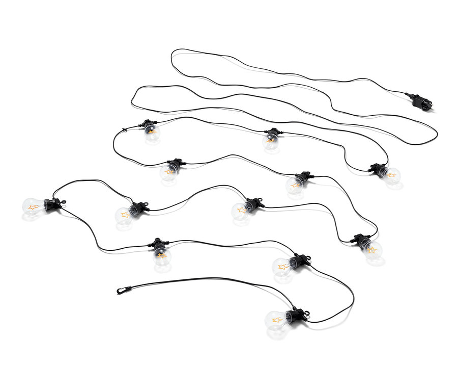 Zwei LED-Filament-Lichterketten mit schwarzem Kabel auf weißem Hintergrund.