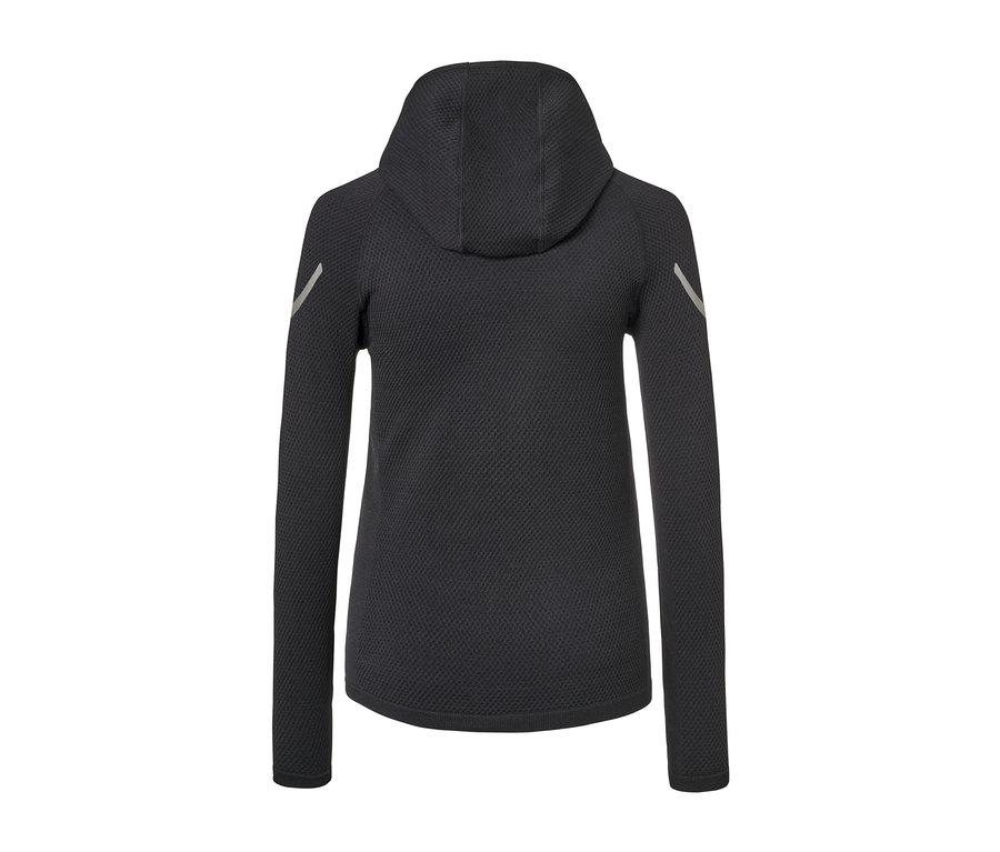 Detailansicht der Rückseite des schwarzen Seamless-Funktionslaufshirts mit Kapuze.