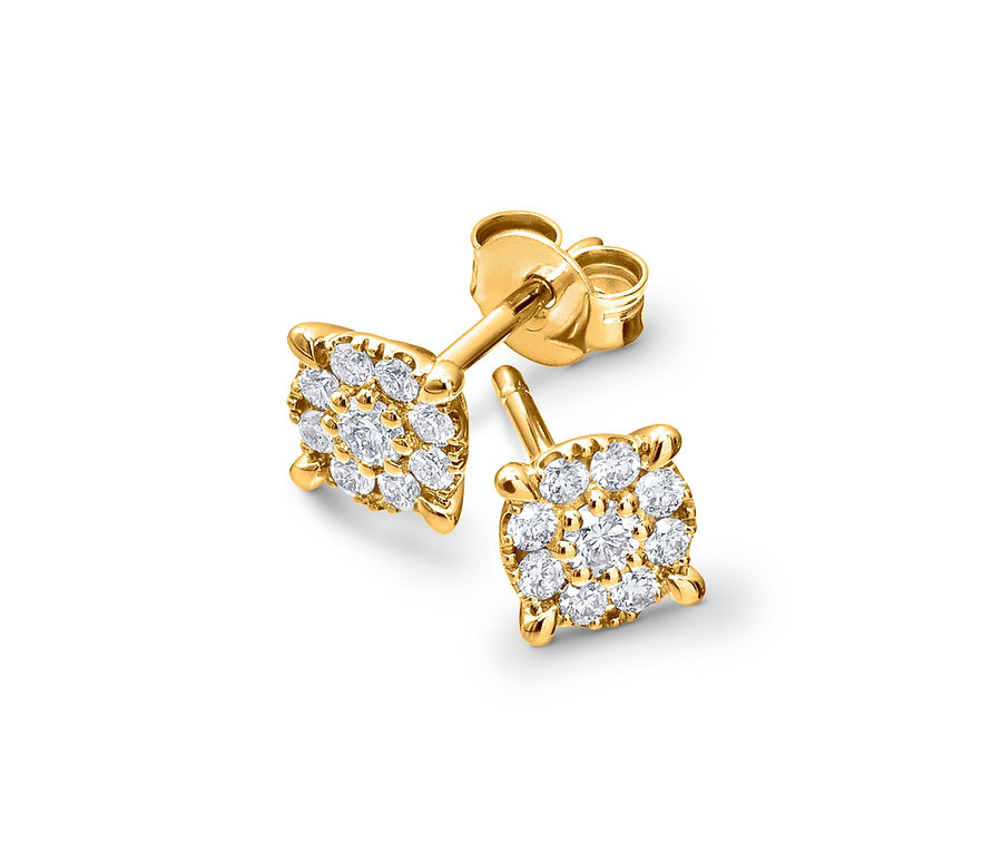 Detailansicht von zwei Ohrsteckern mit Diamanten, 585 Gold.