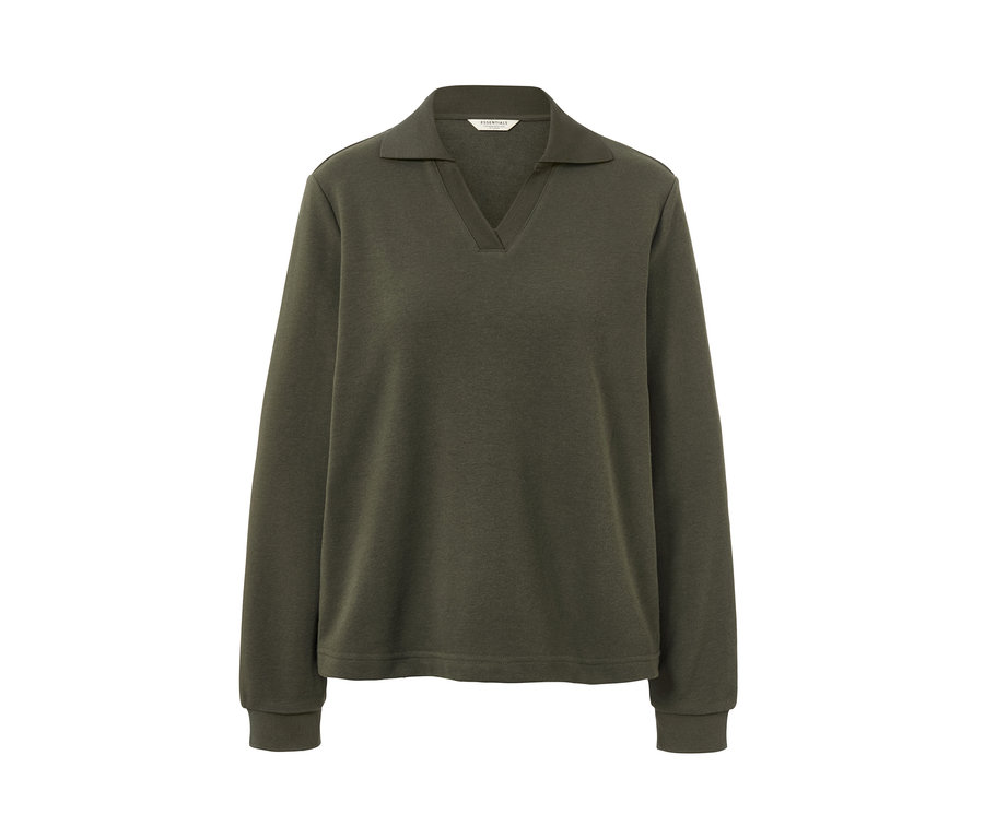 Ein olivfarbenes Sweatshirt mit Polokragen.