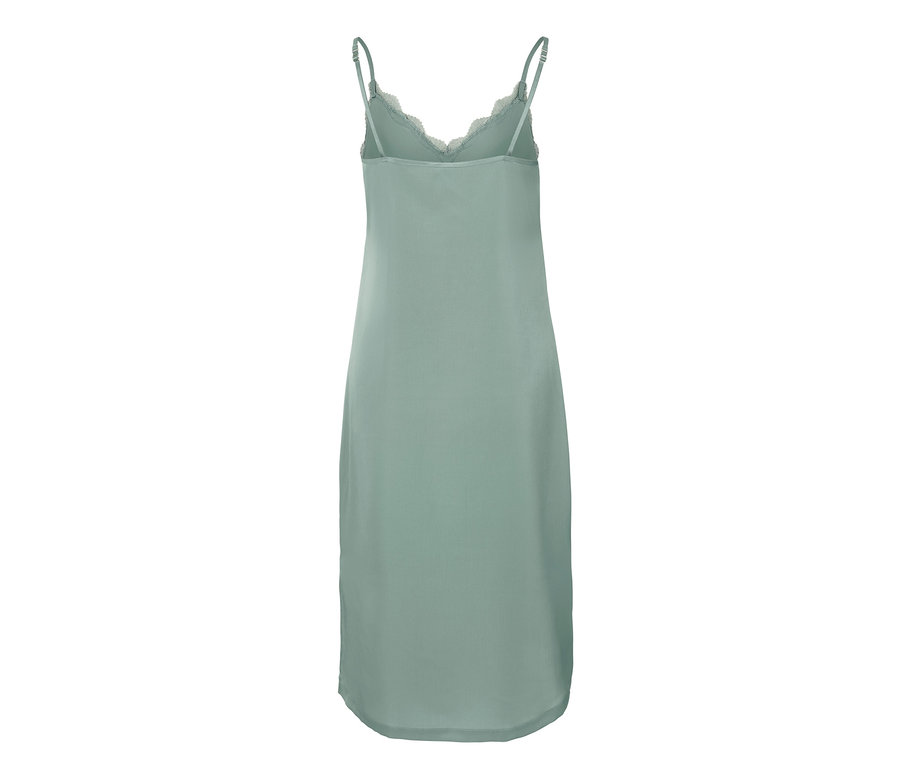 Rückansicht eines grünen Negligés mit Spitzenbesatz.