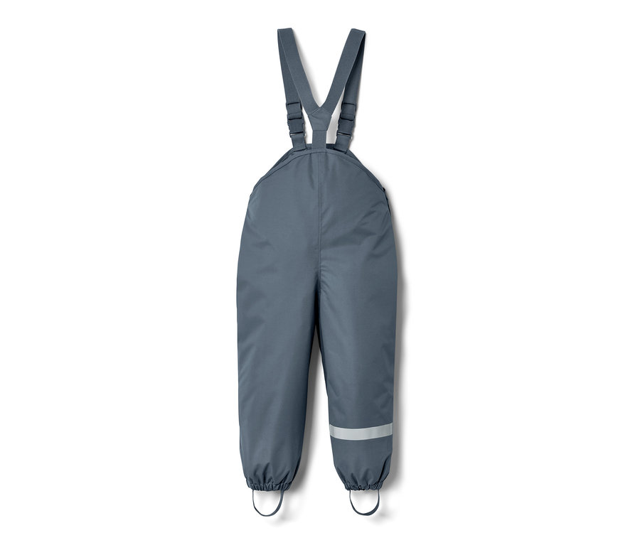 Blaue Kleinkinder-Regenhose mit Latz und Reflektorstreifen.