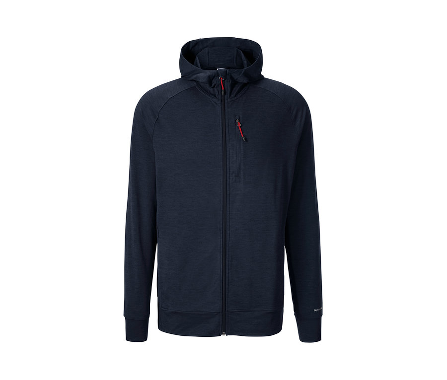 Dunkelblaue Funktionsjacke mit Reißverschluss und Kapuze.