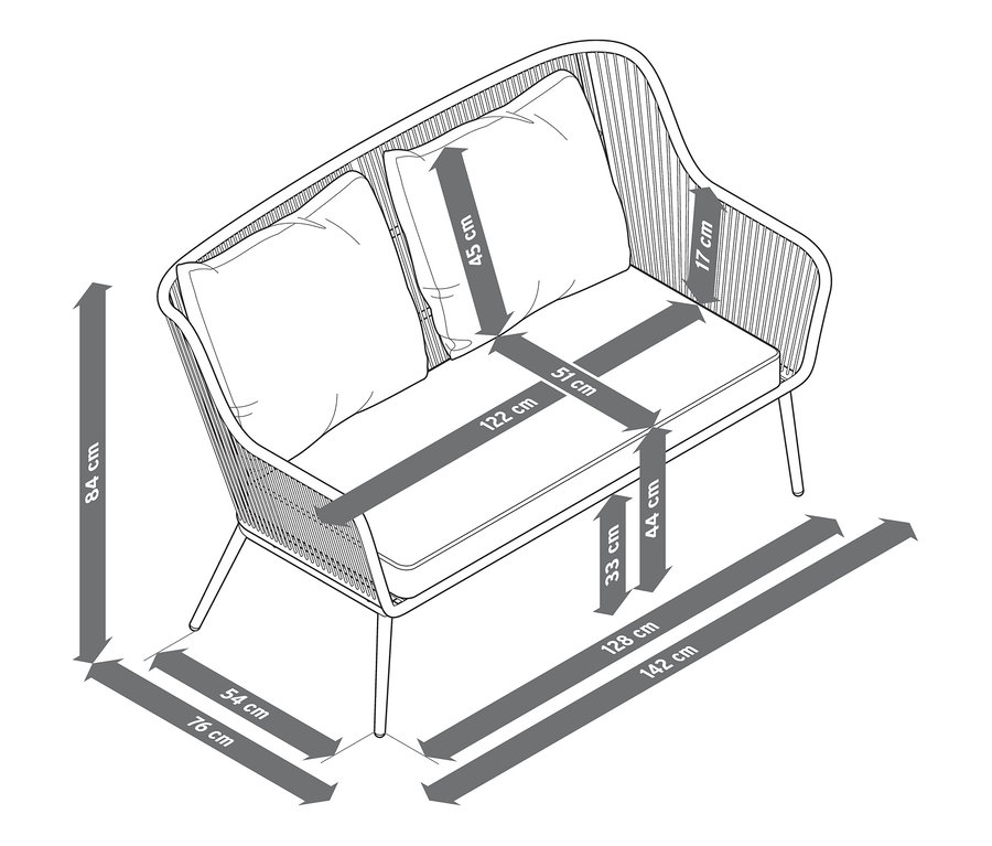 Skizze eines Gartensofa-Sets aus Textilgeflecht mit Abmessungen.