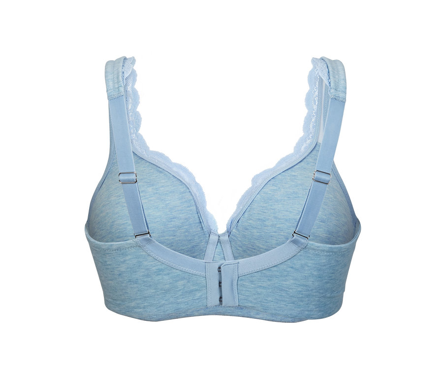 Detailansicht von hinten eines blauen Bügel-BHs.