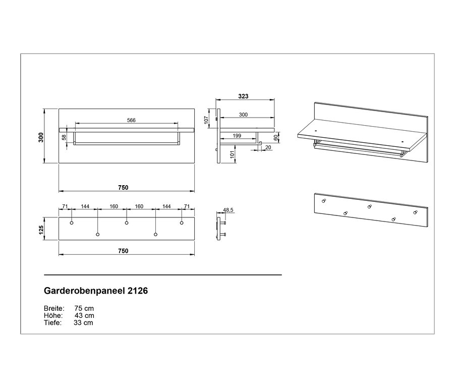Technische Zeichnung des Garderobenpaneels »Lucena« mit Maßangaben.