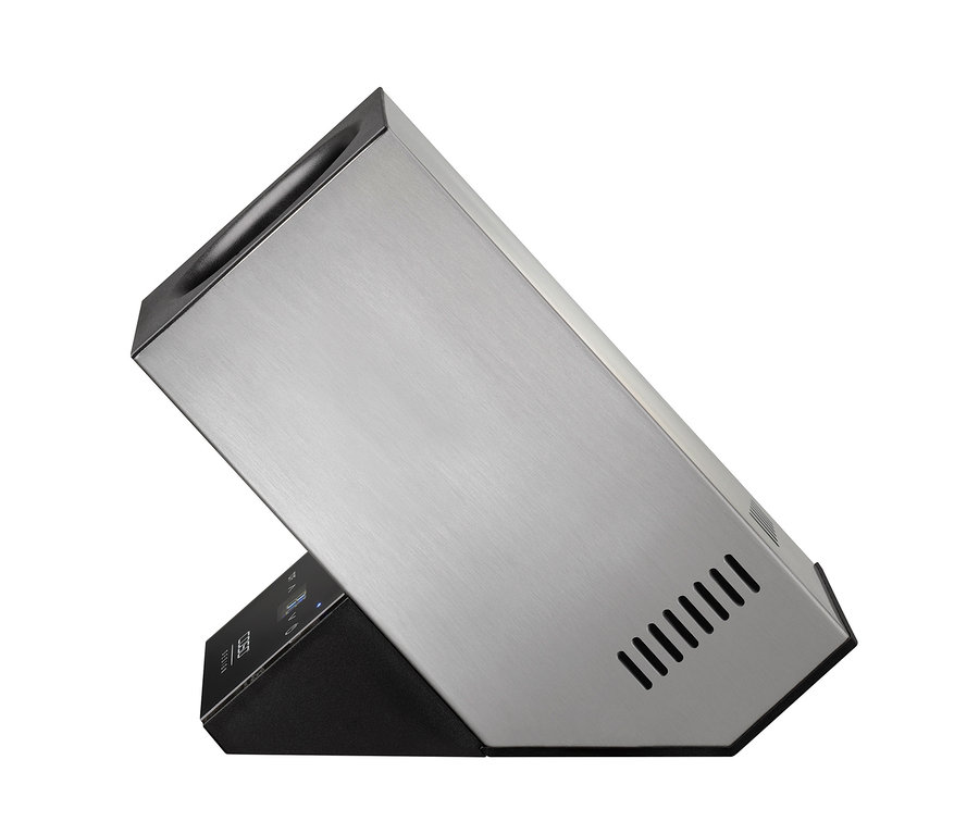 Ein CASO Weinkühler »Wine Case One« steht schräg auf einem schwarzen Sockel.