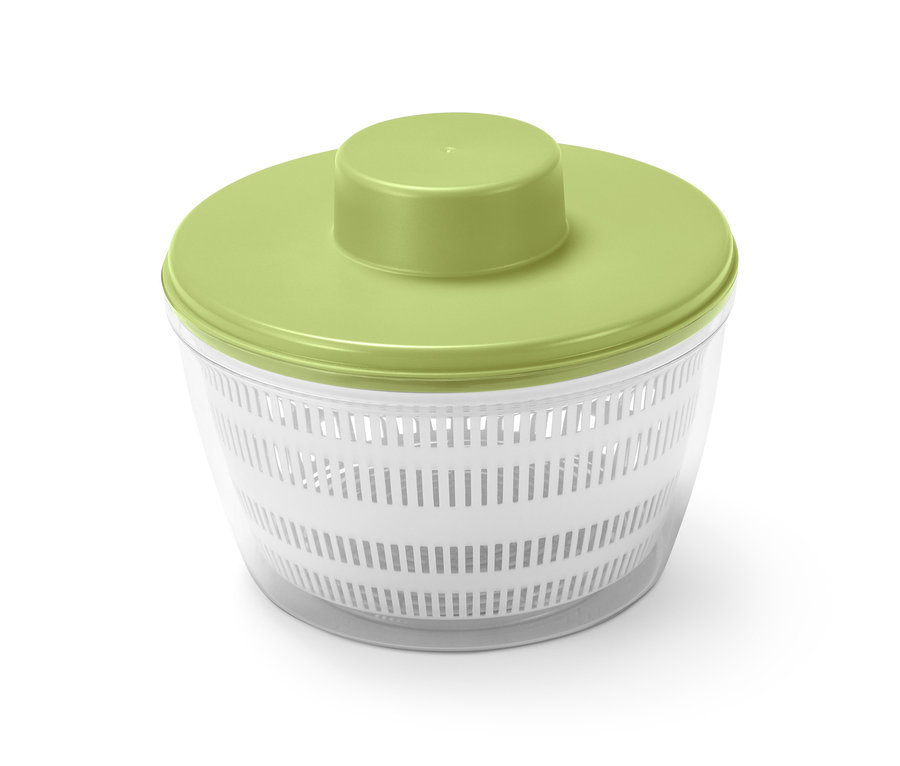 Elektrische Salatschleuder mit Akku und hellgrünem Deckel.