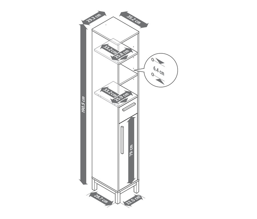 Abbildung des schmalen Bad-Hochschranks Eklund mit offenem Fach, Schublade, Tür und Abmessungen.
