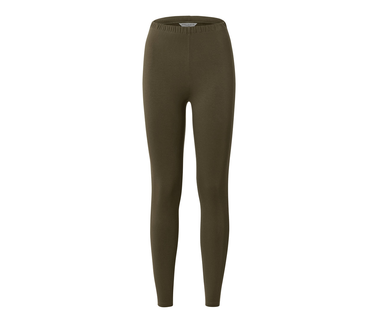 Eine khaki-farbene Leggings mit Paspelierung auf weißem Hintergrund.
