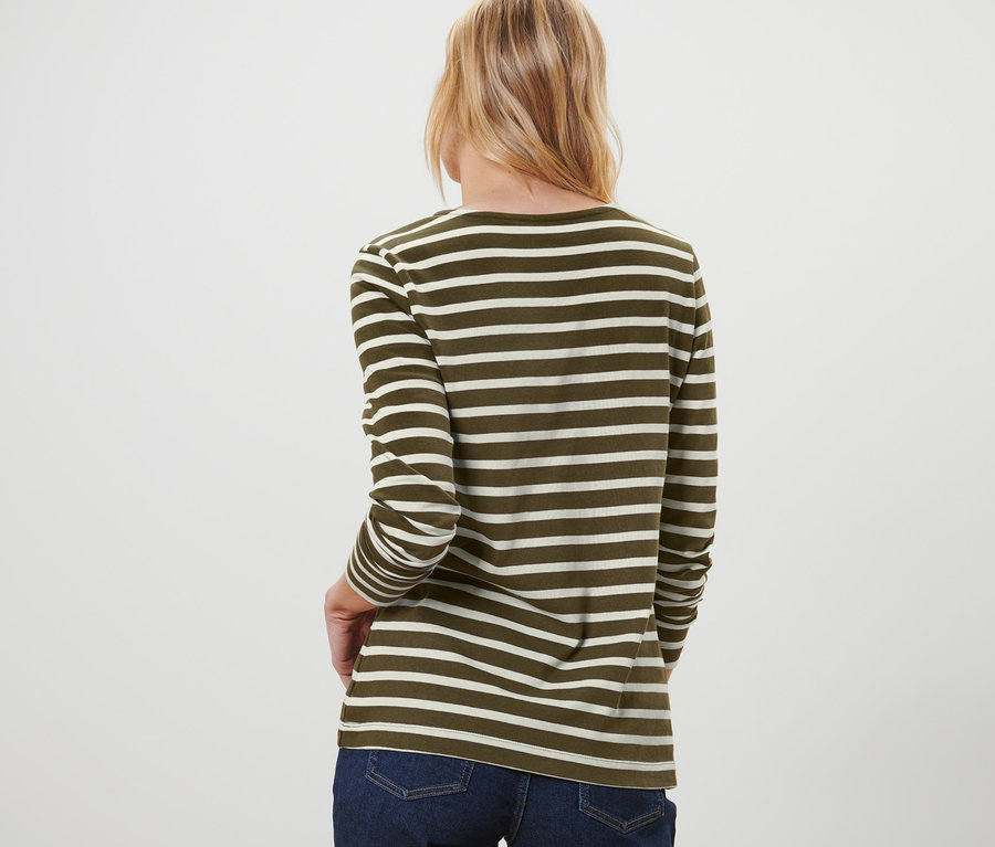 Frau von hinten trägt ein gestreiftes Langarmshirt und Jeans.