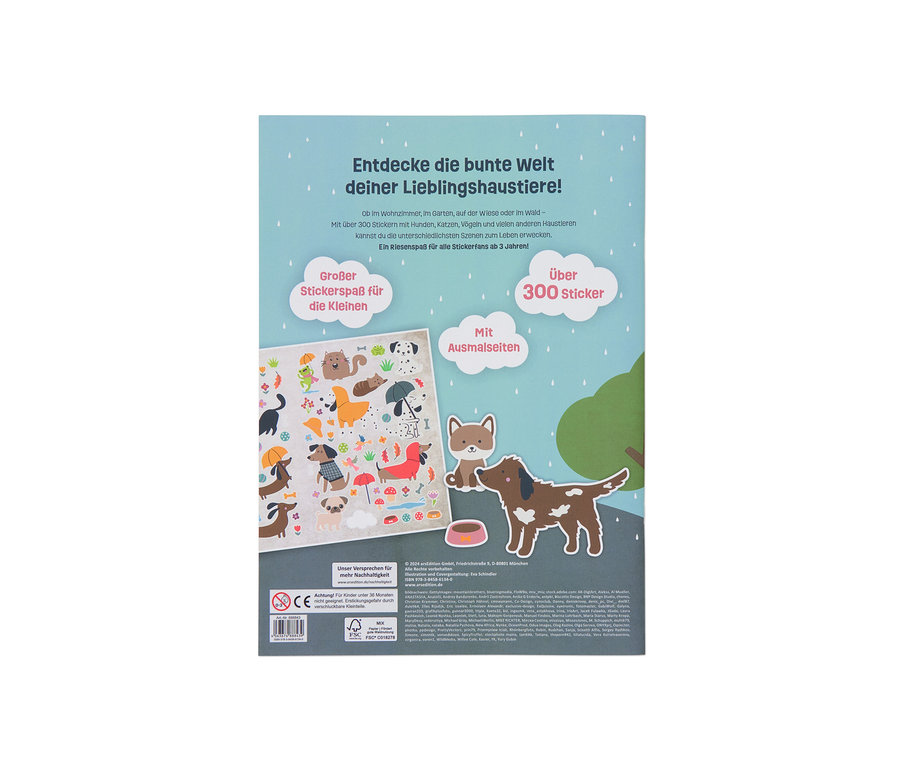 Buch "Mein Stickerbuch für Regentage" mit Illustrationen von Tieren und Aufklebern.