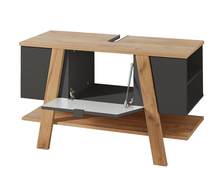 Waschbeckenunterschrank »Avellino« mit offener, weißer Platte, Holzbeinen und grauen Ablageflächen.