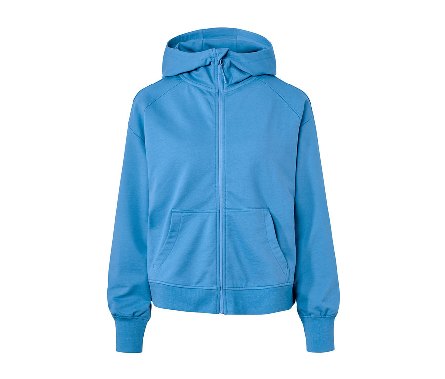 Eine blaue Sport-Sweatjacke mit Reissverschluss und Kapuze.