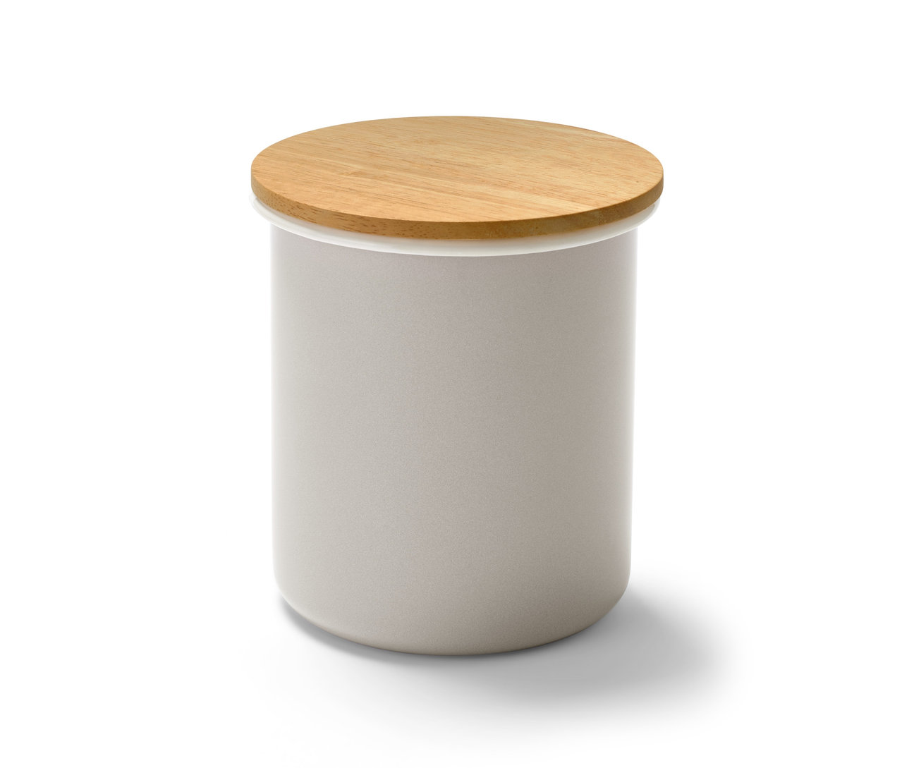 Eine graue Emaille-Vorratsdose mit hellem Holzdeckel.