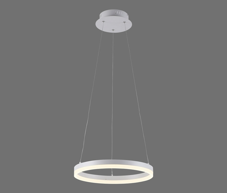 Weiße LED-Hängeleuchte „Titus“ vor grauem Hintergrund.