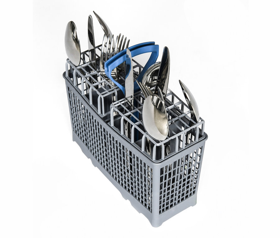 Silbernes Besteck in einem grauen Geschirrspülerkorb. Respekta vollintegrierter-Geschirrspüler »GSP45VV«, ca. 45 cm, E (von A bis G)