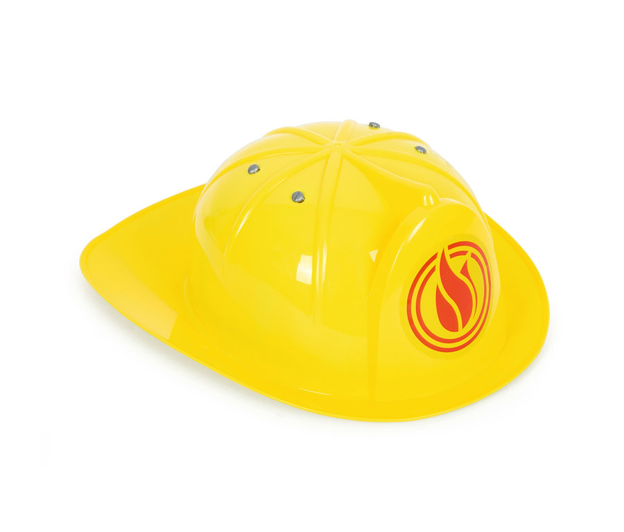 Gelber Feuerwehrhelm mit rotem Flammenlogo.