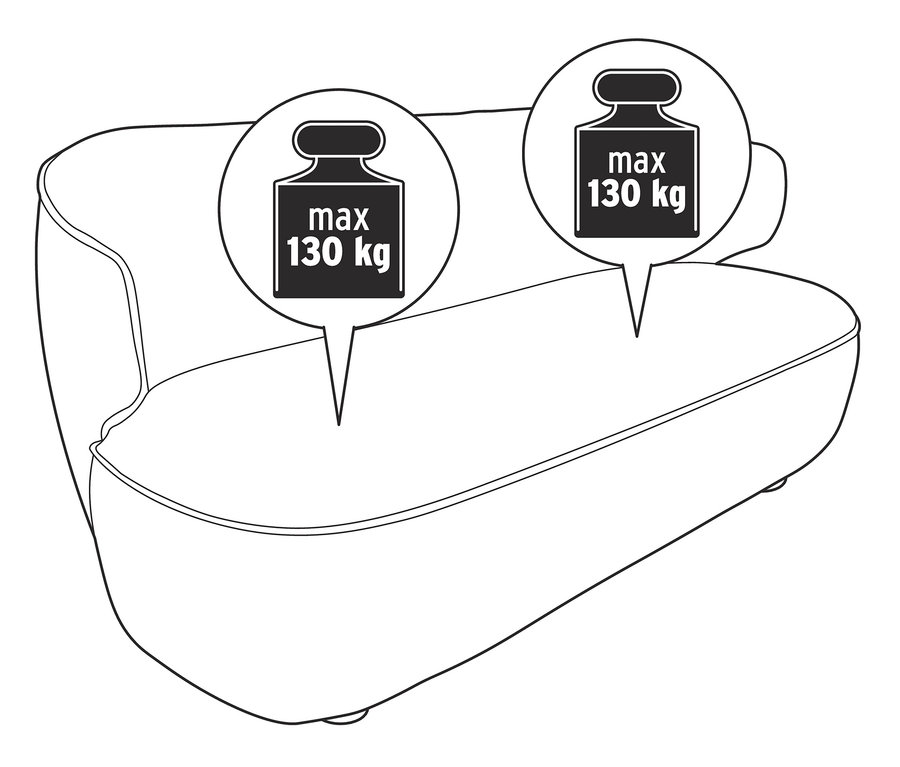 Zeichnung des 2-Sitzer-Sofas "Odense" mit maximaler Belastbarkeit von 130 kg.
