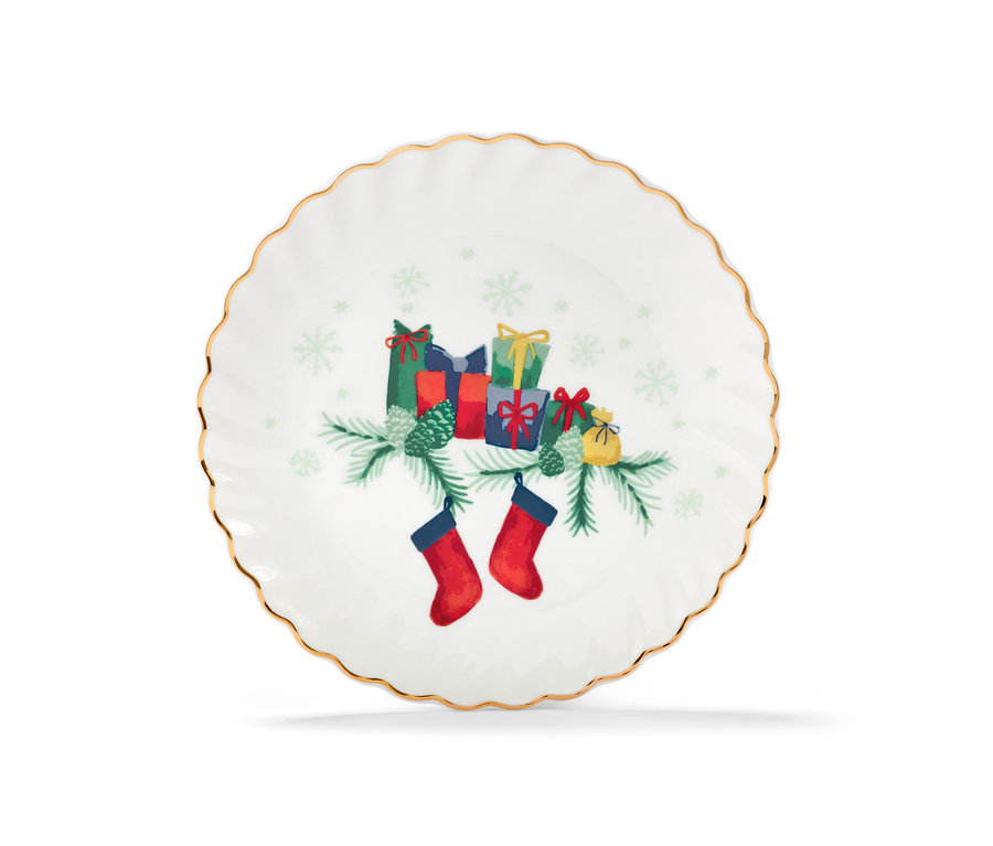 Ein weißer Dessertteller mit Glanzgolddekor, der weihnachtliche Motive zeigt.