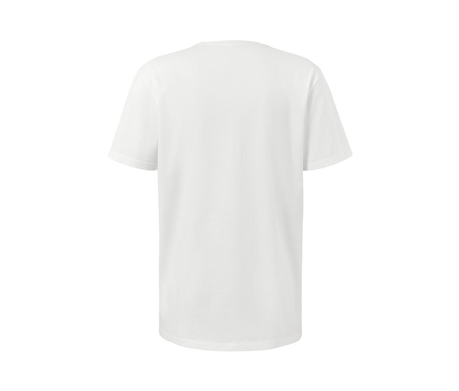 Detail der Rückseite eines weißen 2 T-Shirts mit V-Ausschnitt und kurzen Ärmeln.