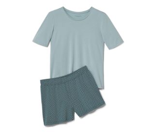 Oberteil aqua, Shorts petrol mit aquafarbenem Alloverprint