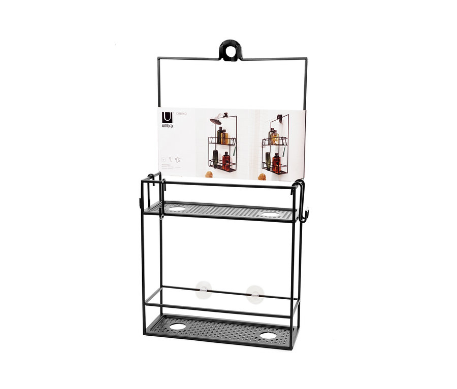 Schwarzes hängendes Duschregal mit zwei Ablagen.