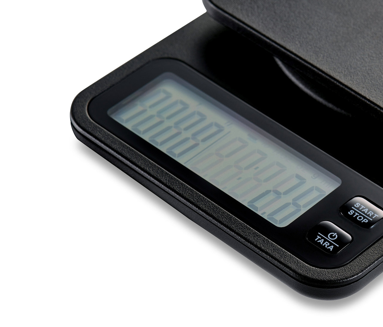 Nahaufnahme einer schwarzen Kaffeewaage inkl. Timer.