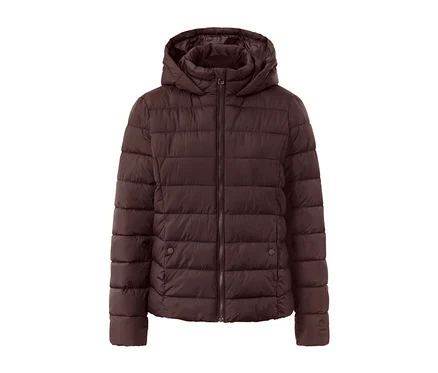 Dunkelbraune Steppjacke mit Kapuze.