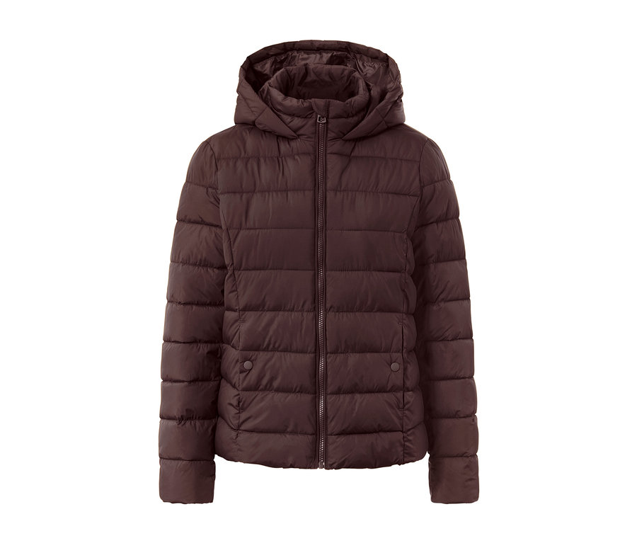 Dunkelbraune Steppjacke mit Kapuze.