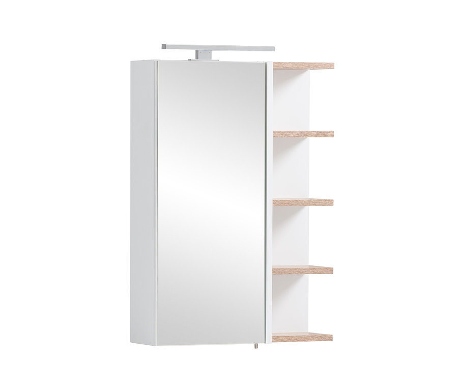Ein geschlossener, mattweißer Spiegelschrank »Balto« mit Holzregalen.