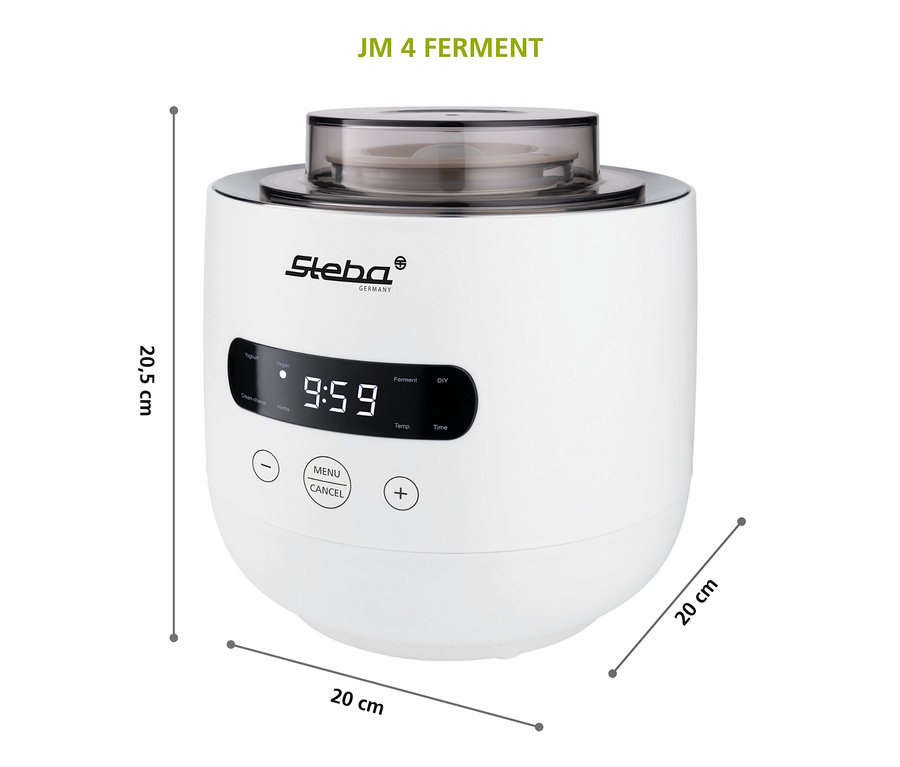 Weißer Steba Joghurt-und-Frischkäsebereiter JM4 mit digitaler Anzeige, die 9:59 anzeigt.